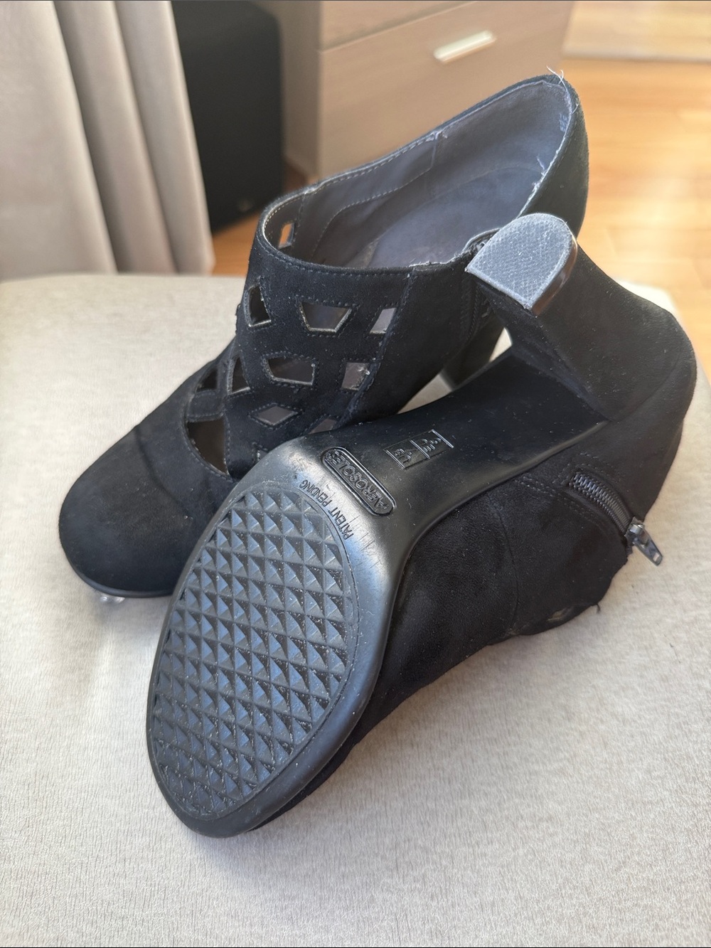 AEROSOLES Black Suede Cutout Block Heel Booties